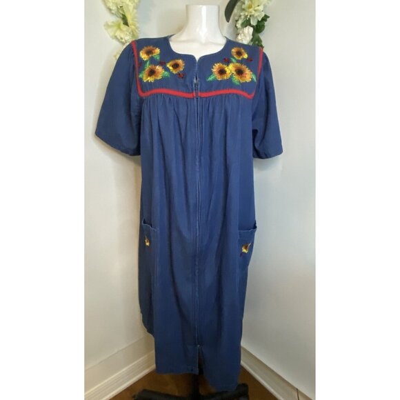 Go Softly Patio Denim House Dress Sunflowers Lady‎ Bugs Front Zip Pockets Size L - Picture 1 of 16